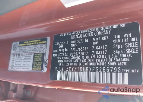 2015 Hyundai Santa Fe Sport 2.4L from USA, damaged, VIN 5XYZTDLBXFG266793